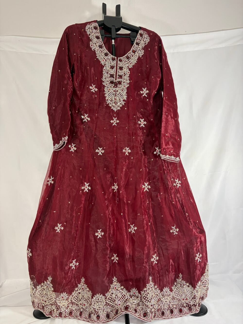 Women's Burgundy Embellished Anarkali Formal Dress Beaded Embroidery